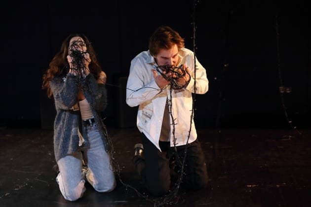 Aysima Ergün and Jonas Dassler during the photo rehearsal for Die Allerletzten at the Maxim Gorki Theater in Berlin, Studio, 26 November 2025 Play and direction Marco Damghani Stage Hugo Gretler Costumes Ragna Fiona Rabea Hemmersbach Premiere is on 28 November 2025 Maxim Gorki Theater Berlin Die Allerletzten