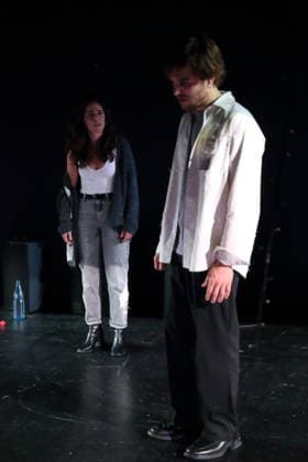Aysima Ergün and Jonas Dassler during the photo rehearsal for Die Allerletzten at the Maxim Gorki Theater in Berlin, Studio, 26 November 2025 Play and direction Marco Damghani Stage Hugo Gretler Costumes Ragna Fiona Rabea Hemmersbach Premiere is on 28 November 2025 Maxim Gorki Theater Berlin Die Allerletzten