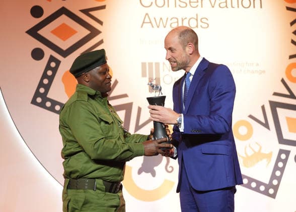 Tusk Conservation Awards The Prince of Wales presents the Tusk Wildlife Ranger Award to Laban Mwangi during the Tusk Conservation Awards at The Savoy Hotel in central London. Picture date: Wednesday November 26, 2025., Credit:Avalon.red Avalon UK, London  Copyright: xAvalon.redx xAvalonx 1054940106