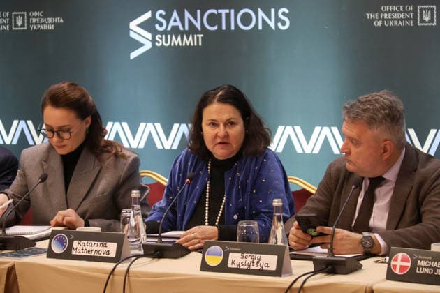 Prime Minister of Ukraine Yuliia Svyrydenko, Ambassador of the EU to Ukraine Katarina Mathernova and First Deputy Minister of Foreign Affairs of Ukraine Sergiy Kyslytsya (L to R) participate in a round-table discussion during the Sanctions Summit in Kyiv, Ukraine, November 27, 2025. The summit convenes over 60 sanctions policy officials from the European Union, the United States, and Canada. Discussions focus on critical issues, including the shadow fleet, energy, financial restrictions, sanctions circumvention, and the operations of Russia’s military-industrial complex. (Photo by Pavlo Bahmut Ukrinform) Inaugural Sanctions Summit underway in Kyiv Copyright: xPavloxBahmutx