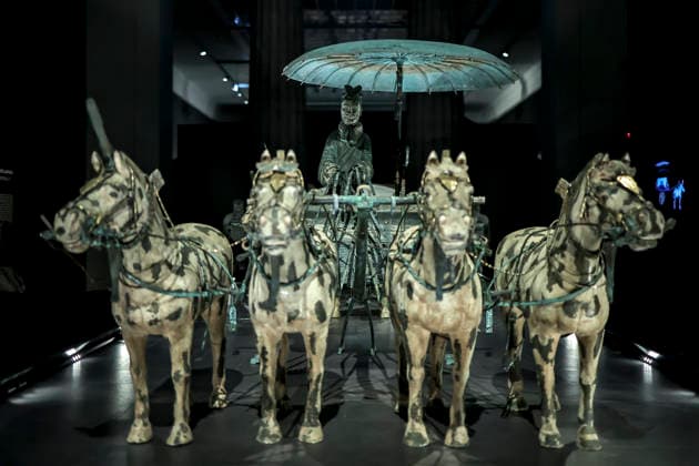 (251128) -- BUDAPEST, Nov. 28, 2025 -- Exhibits are pictured at the exhibition Civilization of the Qin and Han Dynasties - The First Chinese Emperor s Terracotta Warriors at the Museum of Fine Arts in Budapest, Hungary, Nov. 27, 2025. The Museum of Fine Arts in Budapest on Thursday opened one of the most significant Chinese cultural exhibitions ever held in Hungary, presenting more than 150 ancient artworks from the Qin and Han dynasties (221 BC-220 AD), including ten original Terracotta Warriors. Titled Civilization of the Qin and Han Dynasties - The First Chinese Emperor s Terracotta Warriors, the exhibition is jointly organized by the Museum of Fine Arts in Budapest and the Shaanxi Provincial Cultural Heritage Administration, and 
