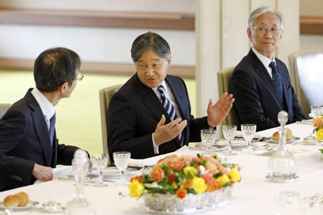 Japan Emperor Naruhito Japanese Emperor Naruhito (C) attends a luncheon with guests including the chief justice of the Supreme Court at the Imperial Palace in Tokyo on Nov. 27, 2025.  A14AA0005068633P