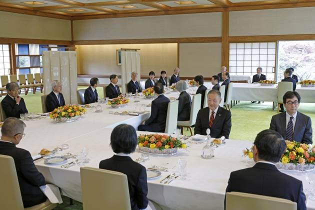 Japan Emperor Naruhito Japanese Emperor Naruhito (4th from L on far L row) attends a luncheon with guests including the chief justice of the Supreme Court at the Imperial Palace in Tokyo on Nov. 27, 2025.  A14AA0005068635P