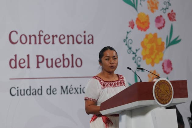 Marisela GonzoÂ¡lez GonzoÂ¡lez, Promoter and OtomoÂ­ Artist, perform a song in his native language dedicated to Malitzin, a key historical figure in the conquest of Mexico during a press conference at National Palace. on November 28, 2025 in Mexico City, Mexico. Mexico City Mexico - ZUMAe321 20251128_zia_e321_001 Copyright: xCarlosxSantiagox
