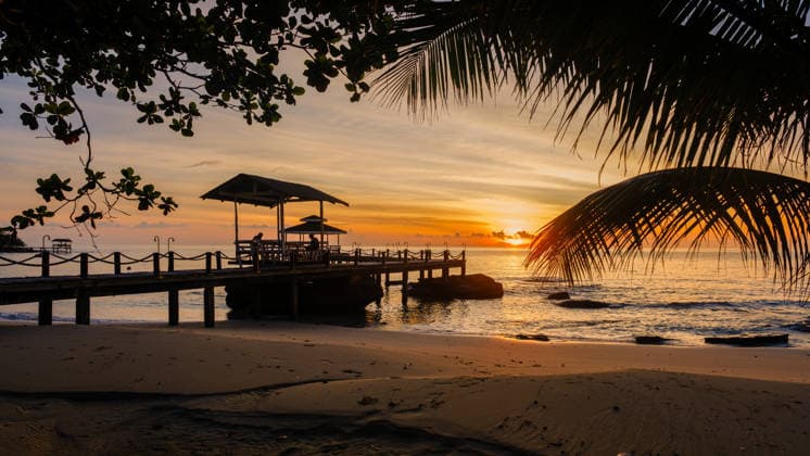 Wunderschöner Sonnenuntergang über der Insel Koh Kood, Thailand, hebt den ruhigen Pier und die beschauliche Strandszene hervor Golden hues paint the sky as the sun sets over Koh Kood Island. A charming wooden pier stretches into the calm sea, framed by palm leaves, creating a peaceful tropical paradise perfect for relaxation. (License=RF) Copyright: xZoonar.com FokkexBaarssenx 24276747