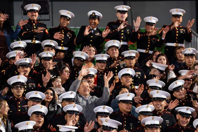 HOLLYWOOD, CALIFORNIA - NOVEMBER 30: Navy soldiers and their families watch performance during the 93rd Annual Hollywood Christmas Parade on November 30, 2025 in Hollywood, California.  Copyright: xVCGx 111606900220