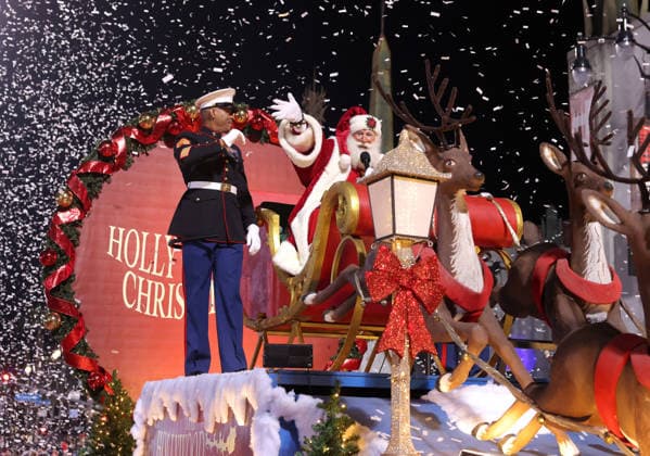 Marines for Toys For Tots and Cortney Lofton dressed as Santa Claus cruise down Hollywood Blvd. during The 93rd Annual Hollywood Christmas Parade With Grand Marshal Luke Wilson In Support of Marine Toys for Tots in Los Angeles on Sunday, November 30, 2025.  LAP20251130789 GERGxGRUDT