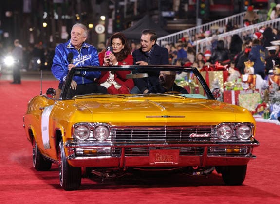 Rick Monday and Barbaralee Monday cruise down Hollywood Blvd. during The 93rd Annual Hollywood Christmas Parade With Grand Marshal Luke Wilson In Support of Marine Toys for Tots in Los Angeles on Sunday, November 30, 2025.  LAP20251130780 GERGxGRUDT