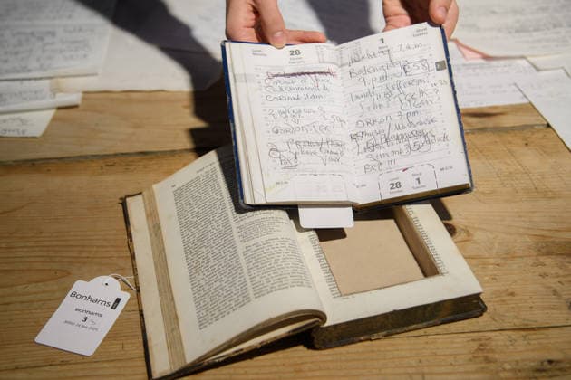 Bonhams Sound & Cinema: With Property from The Marianne Faithfull Estate Sale - Bonhams, London, UK - 1 December 2025 A staff member views A diary, a large collection of archival notes and lyrics, and other personal items owned by Marianne Faithfull (est. Â£1.5k - Â£2k) which is on auction at Bonhams Sound & Cinema: With Property from The Marianne Faithfull Estate Sale ending from 3rd December 2025 at Bonhams in London, England, UK on Monday 1 December, 2025., Credit:Justin Ng Avalon UK, England, London, Bonhams  Copyright: xJustinxNgx xAvalonx 1055809857