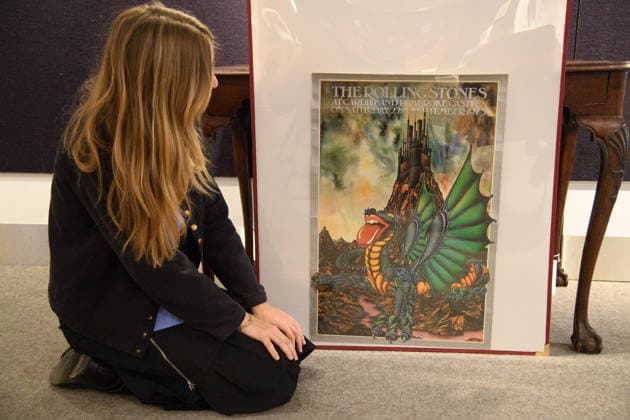 Bonhams Sound & Cinema: With Property from The Marianne Faithfull Estate Sale - Bonhams, London, UK - 1 December 2025 A staff member views An Original Poster For The Cancelled Cardiff Pembroke Castles Concerts by The Rolling Stones and designed by artist Kate Burness (est. Â£1k - Â£1.5k) which is on auction at Bonhams Sound & Cinema: With Property from The Marianne Faithfull Estate Sale ending from 3rd December 2025 at Bonhams in London, England, UK on Monday 1 December, 2025., Credit:Justin Ng Avalon UK, England, London, Bonhams  Copyright: xJustinxNgx xAvalonx 1055809890