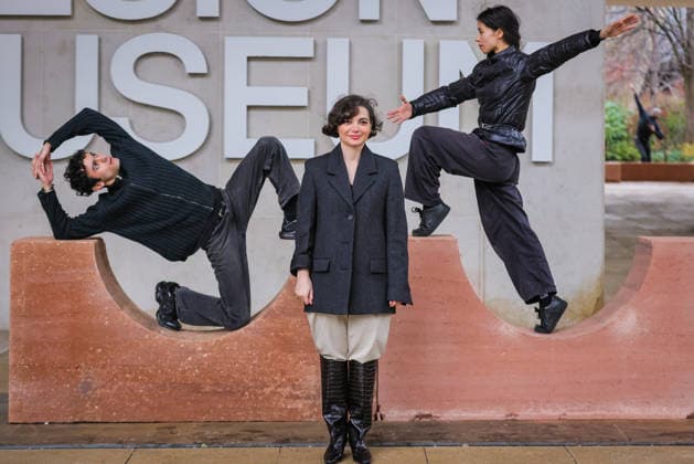 Open Monuments by Melek Zeynep Bulut photocall, new London Design Festival Landmark Project at the Design Museum, London, UK London, UK. 01st Dec, 2025. Artist Melek Zeynep Bulut poses with her work and two dancers. Open Monuments by Melek Zeynep Bulut, is a new public installation and London Design Festival Landmark Project in the courtyard of the Design Museum in Kensington. LDF will present Open Monuments by Melek Zeynep Bulut at the Design Museum from 1 - 14 Dec 2025., Credit:Imageplotter Avalon  Copyright: xImageplotterx xAvalonx 1055819789