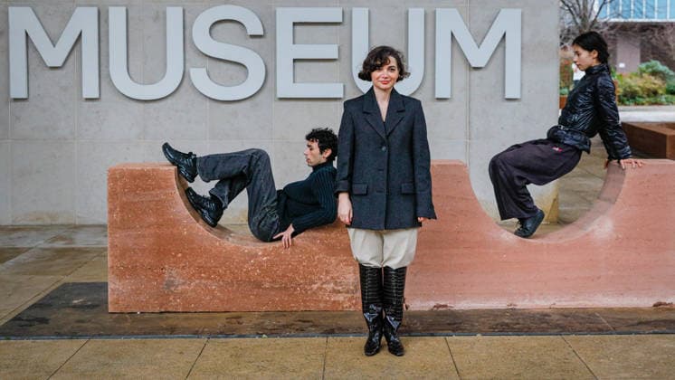 Open Monuments by Melek Zeynep Bulut photocall, new London Design Festival Landmark Project at the Design Museum, London, UK London, UK. 01st Dec, 2025. Artist Melek Zeynep Bulut poses with her work and two dancers. Open Monuments by Melek Zeynep Bulut, is a new public installation and London Design Festival Landmark Project in the courtyard of the Design Museum in Kensington. LDF will present Open Monuments by Melek Zeynep Bulut at the Design Museum from 1 - 14 Dec 2025., Credit:Imageplotter Avalon  Copyright: xImageplotterx xAvalonx 1055819832