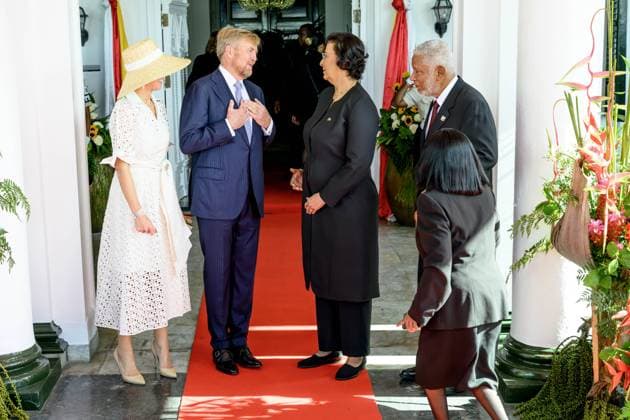 Paramaribo, The Netherlands, 2025-12-01 09:16:40 PARAMARIBO, December 1, 2025, Presidential Palace. King Willem-Alexander and Queen Maxima are paying a state visit to the Republic of Suriname at the invitation of President Jennifer Geerlings-Simons. President Simons and her husband will welcome the Royal Couple at the Presidential Palace with an official welcome ceremony, followed by a private chat. PHOTO: NLBeeld Patrick van Emst Credit: NL Beeld Patrick van Emst  Copyright: xx x