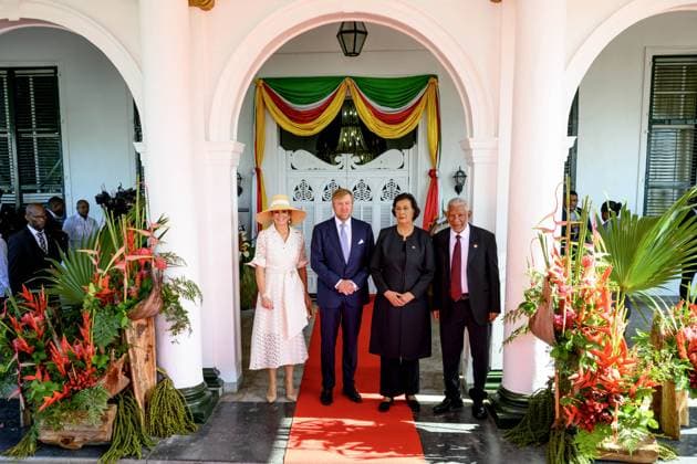 Paramaribo, The Netherlands, 2025-12-01 09:16:20 PARAMARIBO, December 1, 2025, Presidential Palace. King Willem-Alexander and Queen Maxima are paying a state visit to the Republic of Suriname at the invitation of President Jennifer Geerlings-Simons. President Simons and her husband will welcome the Royal Couple at the Presidential Palace with an official welcome ceremony, followed by a private chat. PHOTO: NLBeeld Patrick van Emst Credit: NL Beeld Patrick van Emst  Copyright: xx x
