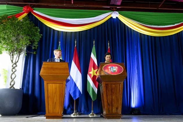 Dutch Royals Visit Suriname - Day 1 Presidential Palace. King Willem-Alexander and Queen Maxima are paying a state visit to the Republic of Suriname at the invitation of President Jennifer Geerlings-Simons. The President and the King will deliver a short press statement, paying particular attention to the broad cooperation between the countries, on December 1, 2025, in Paramaribo, Suriname. Photo by Patrick van Emst NLBeeld Bruno PRess ABACAPRESS.COM NLBeeld Patrick van Emst Credit: NL Beeld Patrick van Emst Paramaribo Suriname  Copyright: xBrunoxPress ABACAx