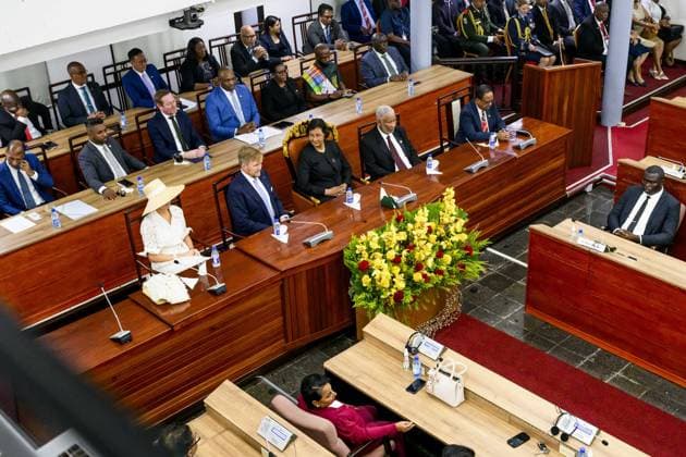 Dutch Royals Visit Suriname - Day 1 The National Assembly. King Willem-Alexander and Queen Maxima are paying a state visit to the Republic of Suriname at the invitation of President Jennifer Geerlings-Simons. The National Assembly (DNA) is the parliament of Suriname. It has 51 seats and a single chamber, exercising legislative, administrative, and supervisory powers, on December 1, 2025, in Paramaribo, Suriname. Photo by Patrick van Emst NLBeeld Bruno PRess ABACAPRESS.COM NLBeeld Patrick van Emst Credit: NL Beeld Patrick van Emst Paramaribo Suriname  Copyright: xBrunoxPress ABACAx