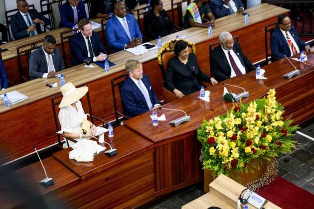 Dutch Royals Visit Suriname - Day 1 The National Assembly. King Willem-Alexander and Queen Maxima are paying a state visit to the Republic of Suriname at the invitation of President Jennifer Geerlings-Simons. The National Assembly (DNA) is the parliament of Suriname. It has 51 seats and a single chamber, exercising legislative, administrative, and supervisory powers, on December 1, 2025, in Paramaribo, Suriname. Photo by Patrick van Emst NLBeeld Bruno PRess ABACAPRESS.COM NLBeeld Patrick van Emst Credit: NL Beeld Patrick van Emst Paramaribo Suriname  Copyright: xBrunoxPress ABACAx