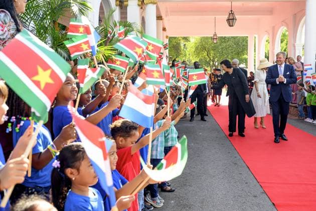 Dutch Royals Visit Suriname - Day 1 , Presidential Palace. King Willem-Alexander and Queen Máxima are paying a state visit to the Republic of Suriname at the invitation of President Jennifer Geerlings-Simons. President Simons and her husband will welcome the Royal Couple at the Presidential Palace with an official welcome ceremony, followed by a private chat. on December 1, 2025 in Paramaribo, Suriname. Photo by Patrick van Emst NLBeeld Bruno Press ABACAPRESS.COM Paramaribo Suriname  Copyright: xBrunoxPress ABACAx