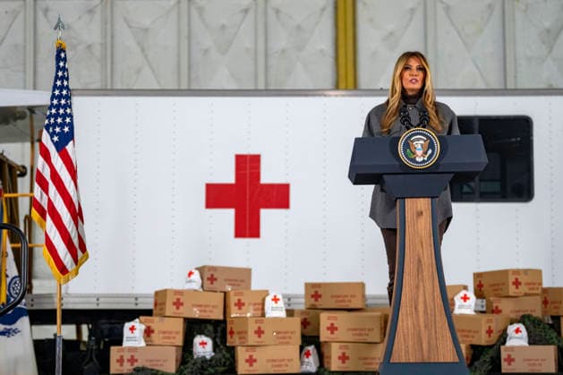 First Lady Melania Trump speaks before creating care packages for deployed Service members with Second Lady Usha Vance, the American Red Cross, U.S. Government Cabinet spouses and military spouses at Joint Base Andrews in Prince Georges County, Maryland on Monday, December 1, 2025.  WAP20251201333 BONNIExCASH