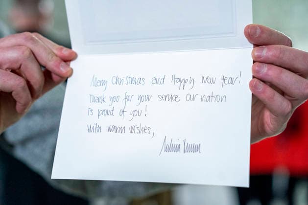 The letter First Lady Melania Trump wrote to a deployed Service member is seen at a care package event with Second Lady Usha Vance, the American Red Cross, U.S. Government Cabinet spouses and military spouses at Joint Base Andrews in Prince Georges County, Maryland on Monday, December 1, 2025.  WAP20251201336 BONNIExCASH