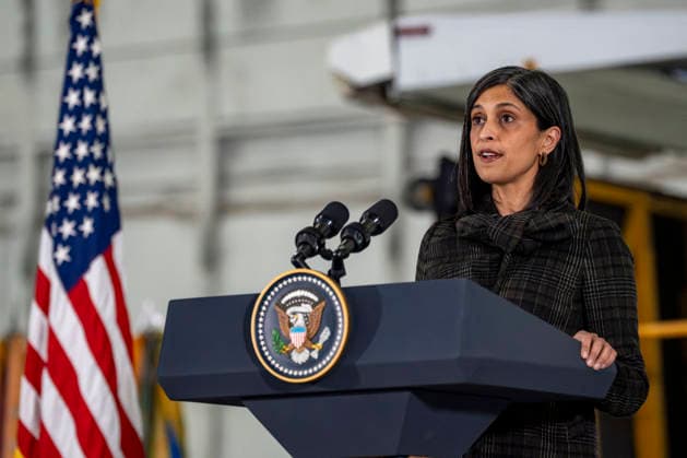 Second Lady Usha Vance speaks before creating care packages for deployed Service members with First Lady Melania Trump, the American Red Cross, U.S. Government Cabinet spouses and military spouses at Joint Base Andrews in Prince Georges County, Maryland on Monday, December 1, 2025.  WAP20251201337 BONNIExCASH