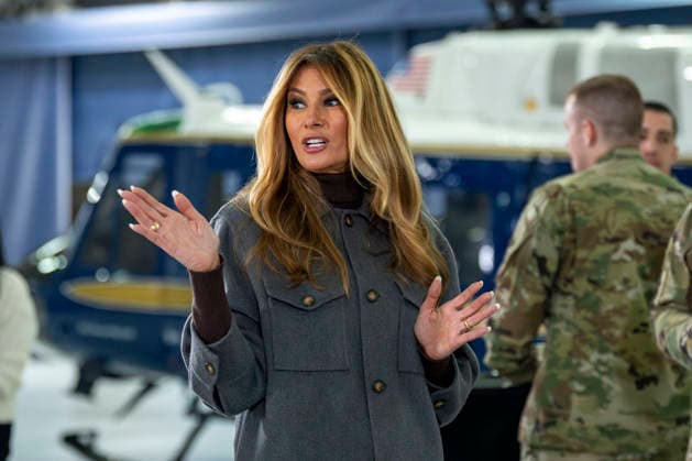 First Lady Melania Trump speaks with service members while creating care packages for deployed Service members with Second Lady Usha Vance, the American Red Cross, U.S. Government Cabinet spouses and military spouses at Joint Base Andrews in Prince Georges County, Maryland on Monday, December 1, 2025.  WAP20251201366 BONNIExCASH