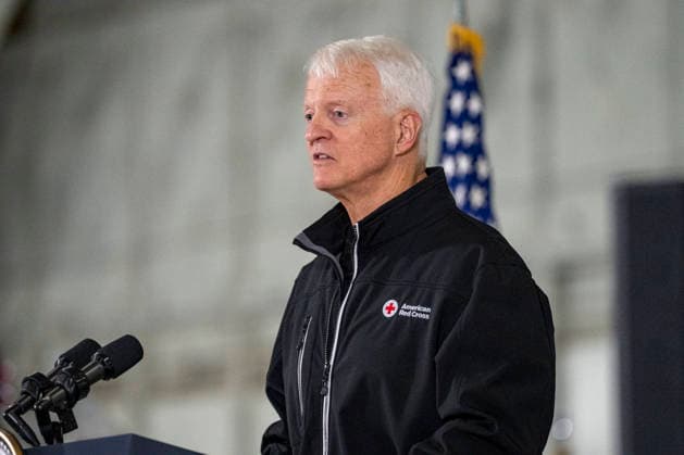 Vice President of Service to the Armed Forces and International Services at the American Red Cross Michael Jordan speaks before a care package creating event for deployed Service members with First Lady Melania Trump, Second Lady Usha Vance, the American Red Cross and U.S. Government Cabinet spouses and military spouses at Joint Base Andrews in Prince Georges County, Maryland on Monday, December 1, 2025.  WAP20251201372 BONNIExCASH