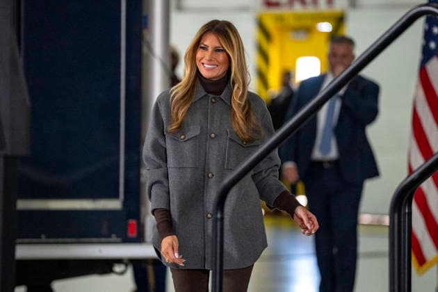 First Lady Melania Trump arrives to speak before creating care packages for deployed Service members with Second Lady Usha Vance, the American Red Cross, U.S. Government Cabinet spouses and military spouses at Joint Base Andrews in Prince Georges County, Maryland on Monday, December 1, 2025.  WAP20251201338 BONNIExCASH