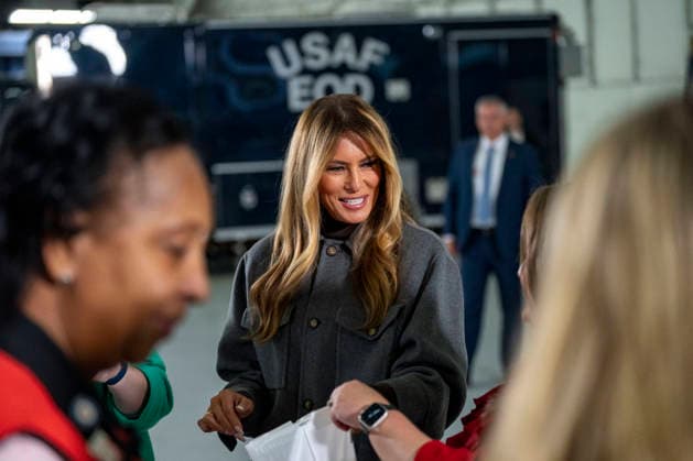 First Lady Melania Trump(C), creates care packages for deployed Service members with volunteers with the American Red Cross, U.S. Government Cabinet spouses, military spouses an Second Lady Usha Vance at Joint Base Andrews in Prince Georges County, Maryland on Monday, December 1, 2025.  WAP20251201347 BONNIExCASH