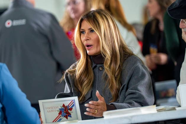 First Lady Melania Trump speaks with volunteers while creating care packages for deployed Service members with Second Lady Usha Vance, the American Red Cross, U.S. Government Cabinet spouses and military spouses at Joint Base Andrews in Prince Georges County, Maryland on Monday, December 1, 2025.  WAP20251201353 BONNIExCASH