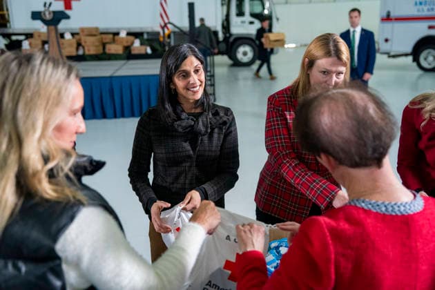 Second Lady Usha Vance (C), creates care packages for deployed Service members with volunteers with the American Red Cross, U.S. Government Cabinet spouses, military spouses an First Lady Melania Trump at Joint Base Andrews in Prince Georges County, Maryland on Monday, December 1, 2025.  WAP20251201368 BONNIExCASH