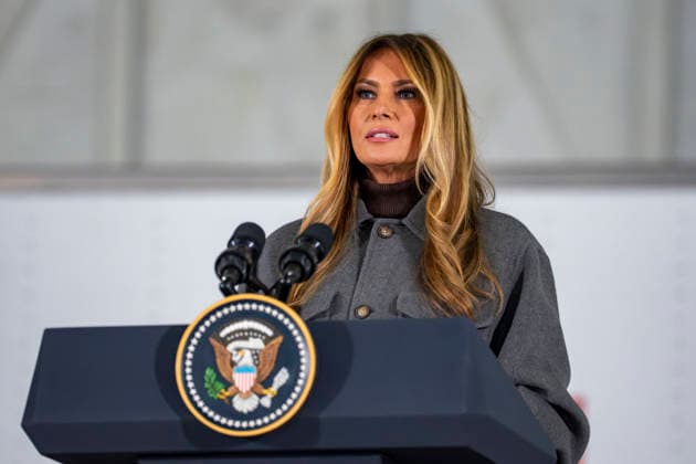 First Lady Melania Trump speaks before creating care packages for deployed Service members with Second Lady Usha Vance, the American Red Cross, U.S. Government Cabinet spouses and military spouses at Joint Base Andrews in Prince Georges County, Maryland on Monday, December 1, 2025.  WAP20251201343 BONNIExCASH