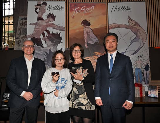 Milan, Italy ReNoir Comics Gaijin the publishing house of the Yellow Kid Award Best Comic 2025 at Lucca Comics and Games with institutional meeting and presentation of JIMMY Korean author In the photo: Giovanni Ferrario and Rosanna Brusco co-founders of Renoir Comics, Kim Tae Woo Vice Consul Consulate General of the Republic of Korea in Milan and JIMMY Korean author  Copyright: xNickxZonnax xipa-agency.netx xNickxZonnax IPA_Agency_IPA68608015