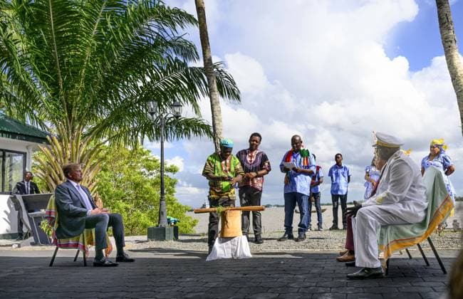 Paramaribo, The Netherlands, 2025-12-01 15:32:24 PARAMARIBO, December 1, 2025. King Willem-Alexander and Queen Maxima are paying a state visit to the Republic of Suriname at the invitation of President Jennifer Geerlings-Simons. King Willem-Alexander and Queen Maxima will speak with representatives of descendants of enslaved people and indigenous communities in Suriname about the past and the future. PHOTO: NLBeeld Patrick van Emst Credit: NL Beeld Patrick van Emst  Copyright: xx x