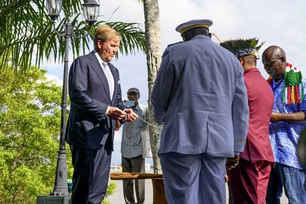 Paramaribo, The Netherlands, 2025-12-01 15:34:41 PARAMARIBO, December 1, 2025. King Willem-Alexander and Queen Maxima are paying a state visit to the Republic of Suriname at the invitation of President Jennifer Geerlings-Simons. King Willem-Alexander and Queen Maxima will speak with representatives of descendants of enslaved people and indigenous communities in Suriname about the past and the future. PHOTO: NLBeeld Patrick van Emst Credit: NL Beeld Patrick van Emst  Copyright: xx x