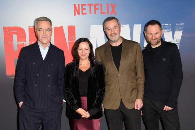 Harlan Coben s Run Away BFI Launch Event Arrivals at BFI Southbank, London (L-R) - James Nesbitt, Executive Producer Nicola Shindler, Executive Producer Richard Fee, Writer Executive Producer Danny Brocklehurst attends Harlan Coben s Run Away launch event at BFI Southbank, London, England, UK on Monday 1 December, 2025., Credit:Justin Ng Avalon UK, England, London, BFI Southbank Copyright: xJustinxNgx xAvalonx 1055873090
