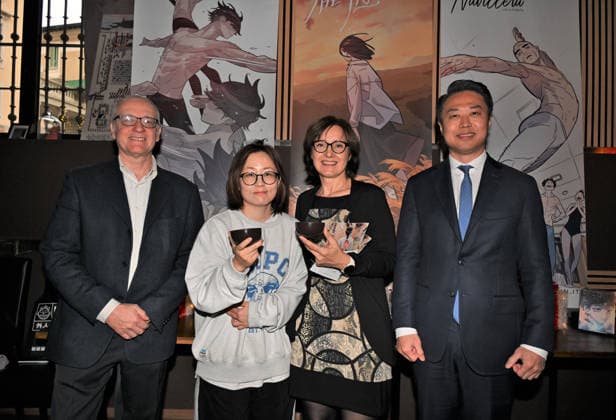 Milan, Italy ReNoir Comics Gaijin the publishing house of the Yellow Kid Award Best Comic 2025 at Lucca Comics and Games with institutional meeting and presentation of JIMMY Korean author In the photo: Giovanni Ferrario and Rosanna Brusco co-founders of Renoir Comics, Kim Tae Woo Vice Consul Consulate General of the Republic of Korea in Milan and JIMMY Korean author  Copyright: xNickxZonnax xipa-agency.netx xNickxZonnax IPA_Agency_IPA68608031