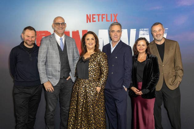 Harlan Coben’s Run Away launch event in London, UK - 01 Dec 2025 (L-R), Danny Brocklehurst, Harlan Coben, Ruth Jones, James Nesbitt, Nicola Shindler and Richard Fee attend Harlan Coben’s Run Away launch event, at the BFI Southbank in London. London United Kingdom Copyright: xPhilxLewisx xSOPAxImagesx DanHarRutJamNicRic_RunAway-5215