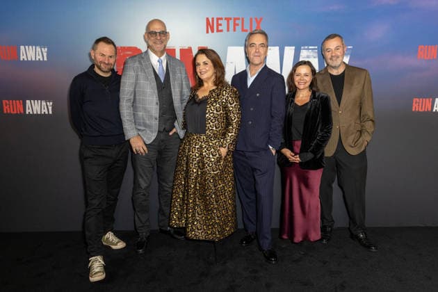 December 1, 2025, London, United Kingdom: (L-R), Danny Brocklehurst, Harlan Coben, Ruth Jones, James Nesbitt, Nicola Shindler and Richard Fee attend Harlan Coben™s Run Away launch event, at the BFI Southbank in London. London United Kingdom - ZUMAs197 20251201_aaa_s197_185 Copyright: xPhilxLewisx