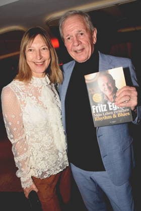 Yvonne Wirsing Journalist Fritz Egner Presenter Author Munich 01 12 2025 Hotel Vierjahreszeiten Kempinski Book Presentation of Fritz Egner Presenter My Life Between Rhythm and Blues in Munich Photo Munich