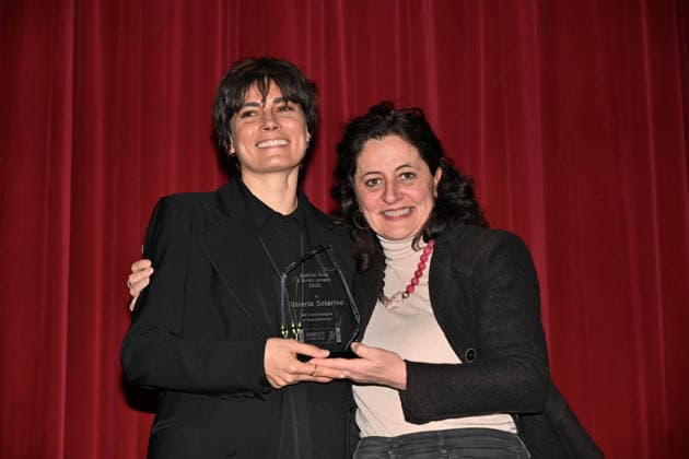 Milan, Italy Valeria Solarino receives the Art and Human Rights Award from AMNESTY INTERNATIONAL ITALY in the presence of high school students and presents her documentary Solidarity is not a crime: the case of Sean Binder. In the photo: Valeria Solarino and Alba Bonetti, president of the Italian section of Amnesty International, with the Art and Human Rights Award from AMNESTY INTERNATIONAL ITALY.  Copyright: xNickxZonnax xipa-agency.netx xNickxZonnax IPA_Agency_IPA68642095