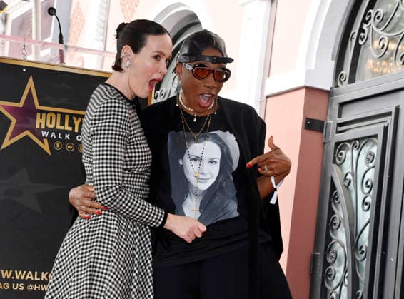 Actress Sarah Paulson (L) is joined by Aisha Hinds during an unveiling ceremony honoring her with the 2,829th star on the Hollywood Walk of Fame in Los Angeles on Tuesday, December 2, 2025.  LAP2025120215 JIMxRUYMEN