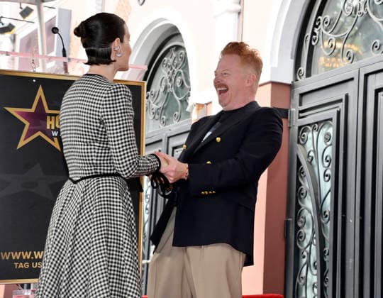 Actress Sarah Paulson (L) is joined by Jesse Tyler Ferguson during an unveiling ceremony honoring her with the 2,829th star on the Hollywood Walk of Fame in Los Angeles on Tuesday, December 2, 2025.  LAP20251202218 JIMxRUYMEN