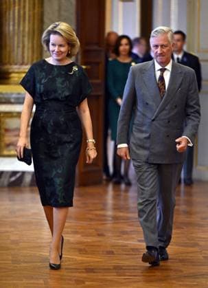 Queen Mathilde of Belgium and King Philippe - Filip of Belgium pictured during a royal reception with the newly appointed suppliers holding a Royal warrant of appointment (Brevet van Hofleverancier - Brevet de Fournisseurs de la cour), at the Royal Palace, in Brussels, Wednesday 03 December 2025.  ERICxLALMAND 146116930