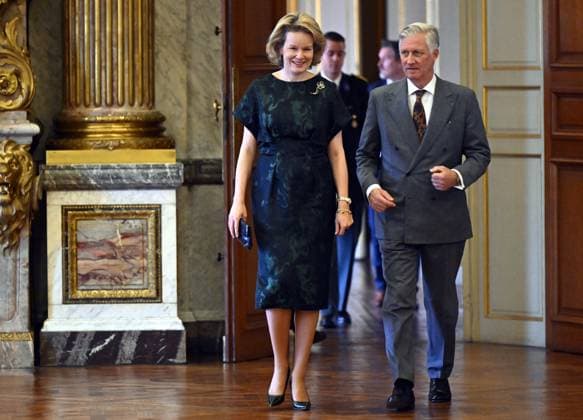 Queen Mathilde of Belgium and King Philippe - Filip of Belgium pictured during a royal reception with the newly appointed suppliers holding a Royal warrant of appointment (Brevet van Hofleverancier - Brevet de Fournisseurs de la cour), at the Royal Palace, in Brussels, Wednesday 03 December 2025.  ERICxLALMAND 146116942