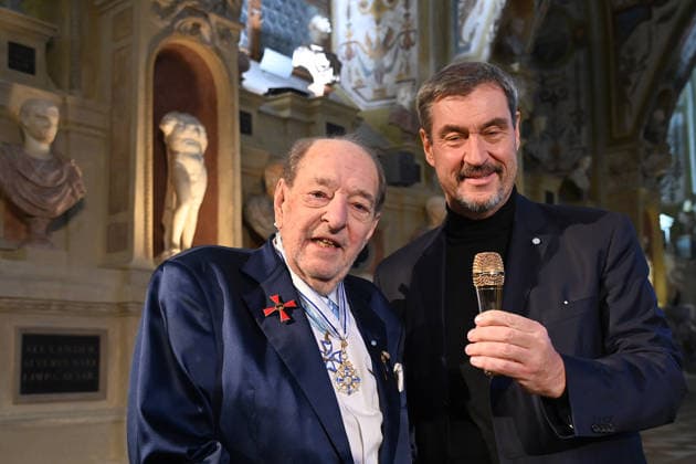 Ralph SIEGEL Composer presents Markus SOEDER State Premier of Bavaria and CSU Chairman with a Golden Microphone Award Bavarian Maximilian Order on 03 12 2025 in the Antiquariat of the Residence in Munich