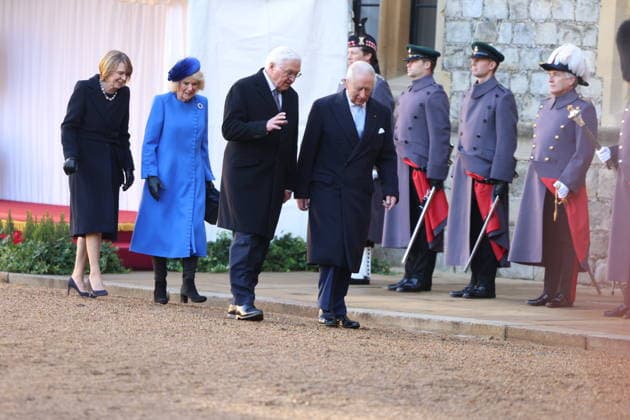 King Charles hosts President of Germany during the state visit to London, 03 December 2025 State visit of the President of Germany Frank-Walter Steinmeier along with his wife Elke Büdenbender visit Windsor Castle on day one of the state visit In the Quadrangle of Windsor Castle, a Guard of Honour will give a Royal Salute and the regimental Band will play the German and British National Anthems. The Federal President, accompanied by The King, will inspect the Guard of Honour, before rejoining The Queen and Ms. Büdenbender, together with The Prince and Princess of Wales, to view the military Rank and March past., Credit:Ian Vogler Avalon UK, London  Copyright: xIanxVoglerx xAvalonx 1056230764