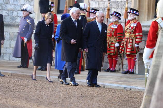 King Charles hosts President of Germany during the state visit to London, 03 December 2025 State visit of the President of Germany Frank-Walter Steinmeier along with his wife Elke Büdenbender visit Windsor Castle on day one of the state visit In the Quadrangle of Windsor Castle, a Guard of Honour will give a Royal Salute and the regimental Band will play the German and British National Anthems. The Federal President, accompanied by The King, will inspect the Guard of Honour, before rejoining The Queen and Ms. Büdenbender, together with The Prince and Princess of Wales, to view the military Rank and March past., Credit:Ian Vogler Avalon UK, London  Copyright: xIanxVoglerx xAvalonx 1056230804