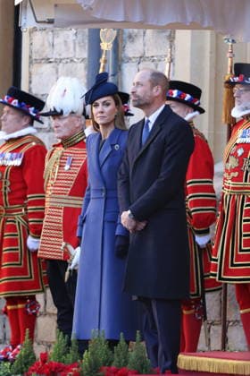 King Charles hosts President of Germany during the state visit to London, 03 December 2025 State visit of the President of Germany Frank-Walter Steinmeier along with his wife Elke Büdenbender visit Windsor Castle on day one of the state visit In the Quadrangle of Windsor Castle, a Guard of Honour will give a Royal Salute and the regimental Band will play the German and British National Anthems. The Federal President, accompanied by The King, will inspect the Guard of Honour, before rejoining The Queen and Ms. Büdenbender, together with The Prince and Princess of Wales, to view the military Rank and March past., Credit:Ian Vogler Avalon UK, London  Copyright: xIanxVoglerx xAvalonx 1056230943
