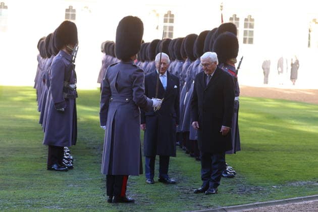 King Charles hosts President of Germany during the state visit to London, 03 December 2025 State visit of the President of Germany Frank-Walter Steinmeier along with his wife Elke Büdenbender visit Windsor Castle on day one of the state visit In the Quadrangle of Windsor Castle, a Guard of Honour will give a Royal Salute and the regimental Band will play the German and British National Anthems. The Federal President, accompanied by The King, will inspect the Guard of Honour, before rejoining The Queen and Ms. Büdenbender, together with The Prince and Princess of Wales, to view the military Rank and March past., Credit:Ian Vogler Avalon UK, London  Copyright: xIanxVoglerx xAvalonx 1056230963